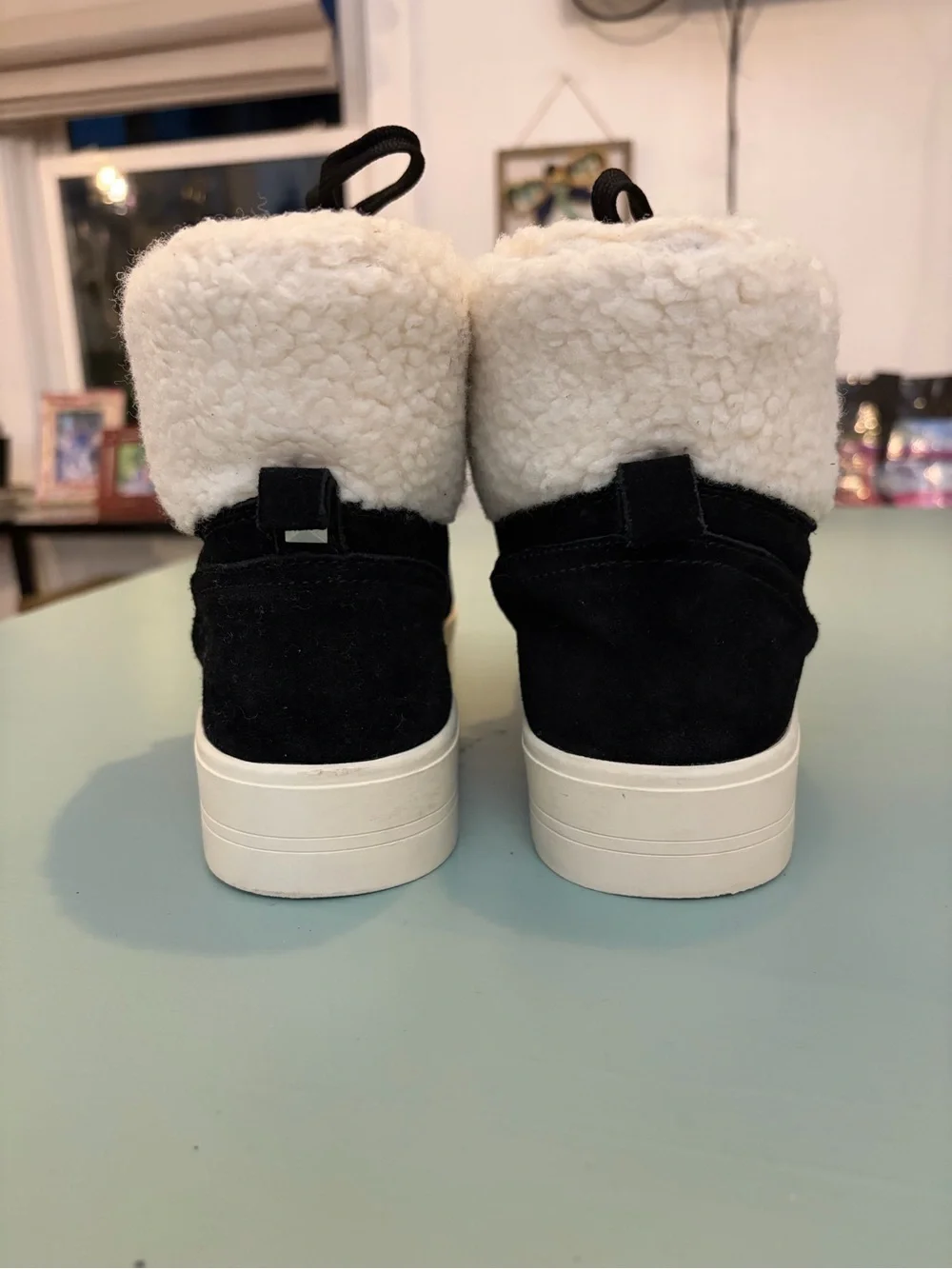 Marc Fisher Black Suede Ankle Booties with White Sherpa Collar